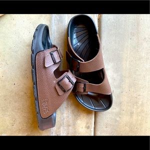 Brown Birkenstock slip on sandals